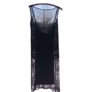 TAHARI Dress sheer sleeveless beaded silk black with grey slip two piece size 2